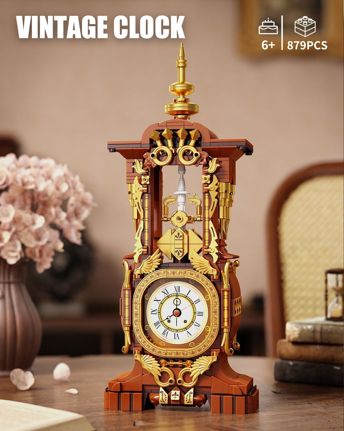 Vintage Clock Building Block Set, Stem Toy with Real Clock Function and Controllable Lighting, Technic Building Kit, Unique Home Decoration and Collectible, Birthday Gifts for Adults & Kids 6-12