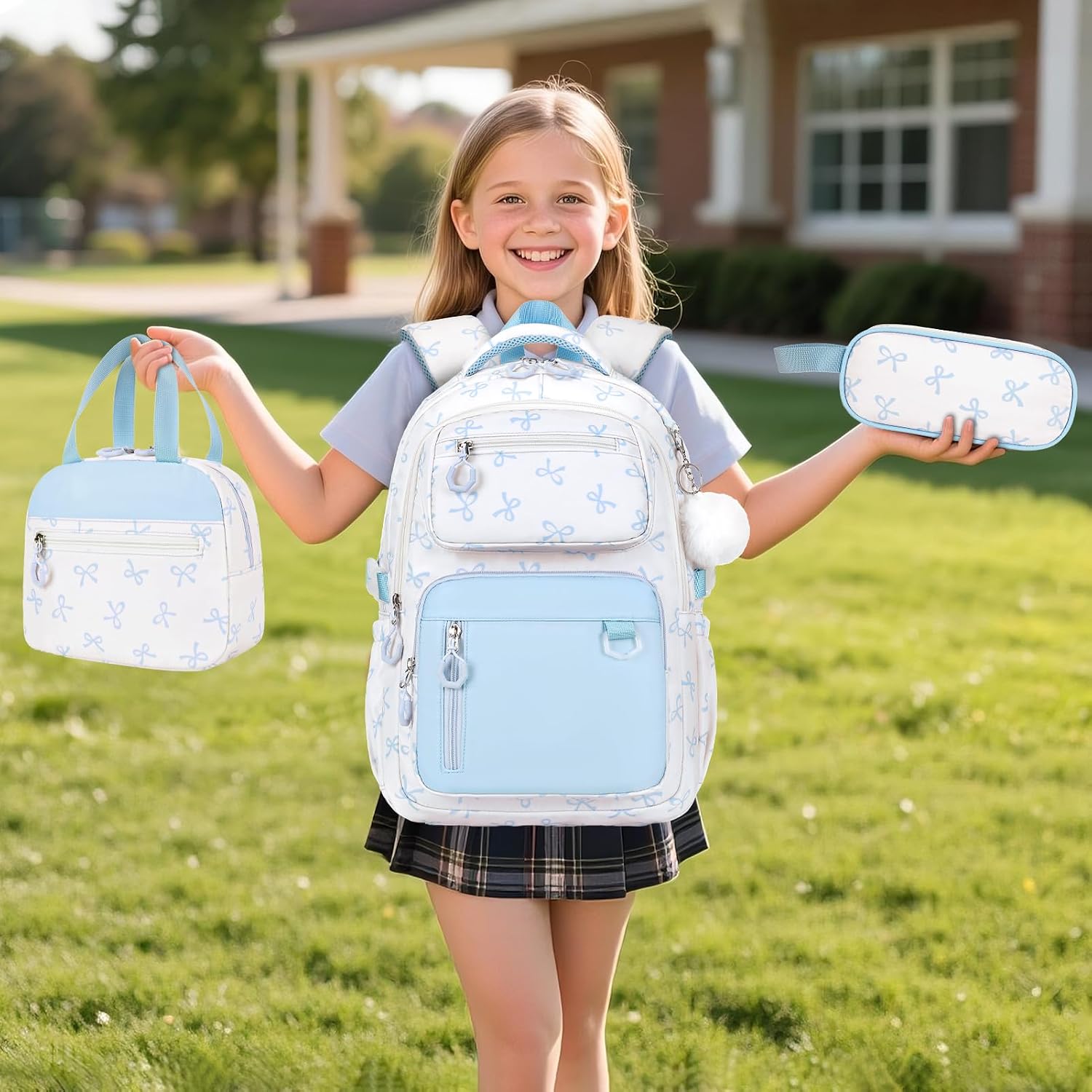 Bevalsa Backpack for Girls 3PCS Teen Girls Bow Backpack for School with Lunch Bag Pencil Case Blue Cute Kids Laptop Backpacks Bookbag for Elementary Middle High School College Student (Bow) thumbnail