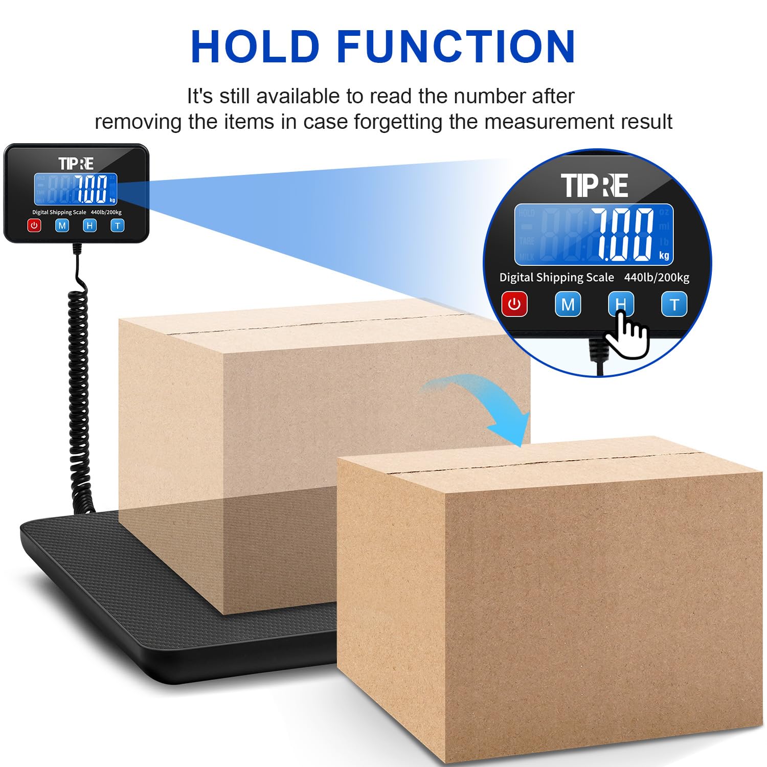 TIPRE Báscula de envíos digital, precisión 15g, hasta 200kg. Superficie de fibra de carbono ligera, ideal para paquetes, pymes, correo, almacén, hogar y equipaje. Incluye batería y cable de carga.