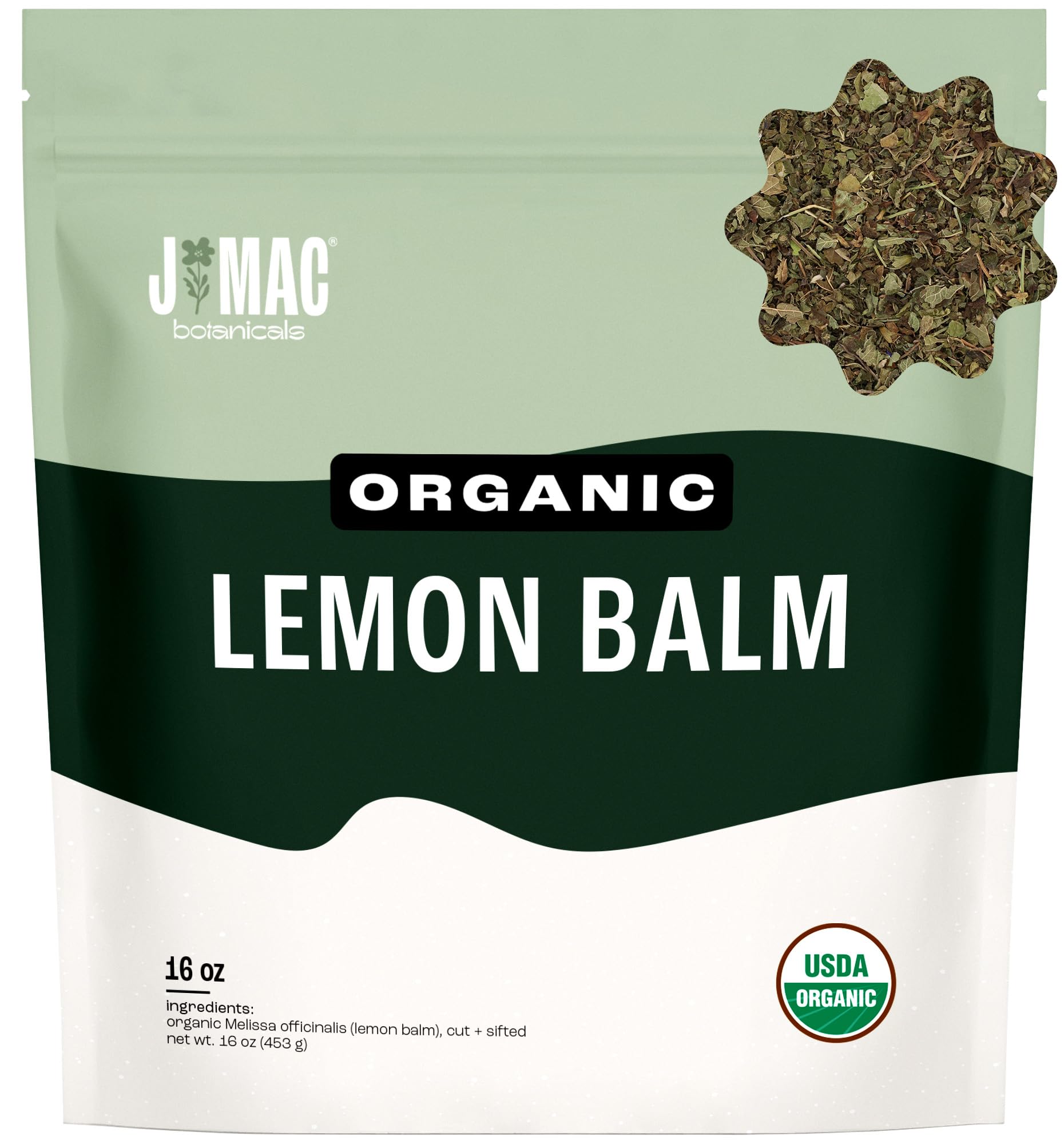 J Mac Botanicals Organic Lemon Balm (16 oz), Loose Leaf Tea, Dried, herbal Infusion, Lemonbalm leaves, melissa officinalis tea, Certified USDA Organic