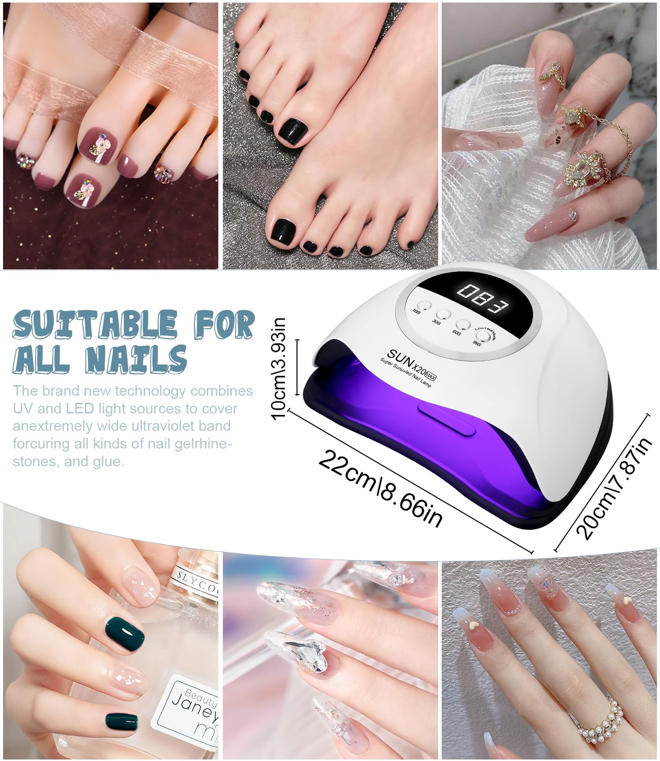 Lampe UV LED Ongles Gel, 320W Professionnel Sèche Automatique, 72 Lumières Séchage Rapide, Grand LCD Ecran, 4 Minuteries 10s/30s/60s/99s pour Vernis Semi Permanent