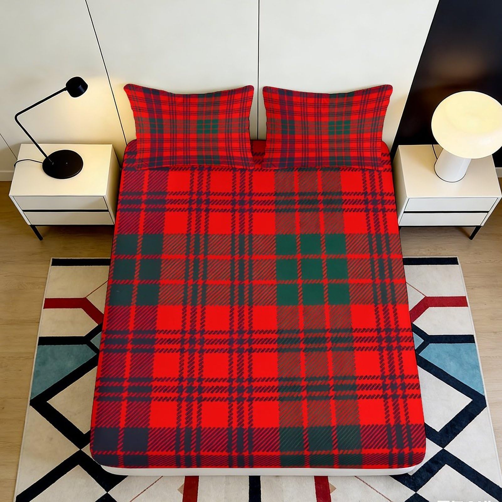 3D Printed Red Plaid Fitted Sheet Microfiber Soft Breathable Tartan Mattress Cover for Bedroom Dorm Bed Protection Decor 200x200x25cm