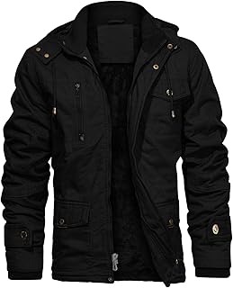 Men's Thick Winter Jackets with Hood Fleece Lining Cotton Military Jackets Work Jackets with Cargo Pockets