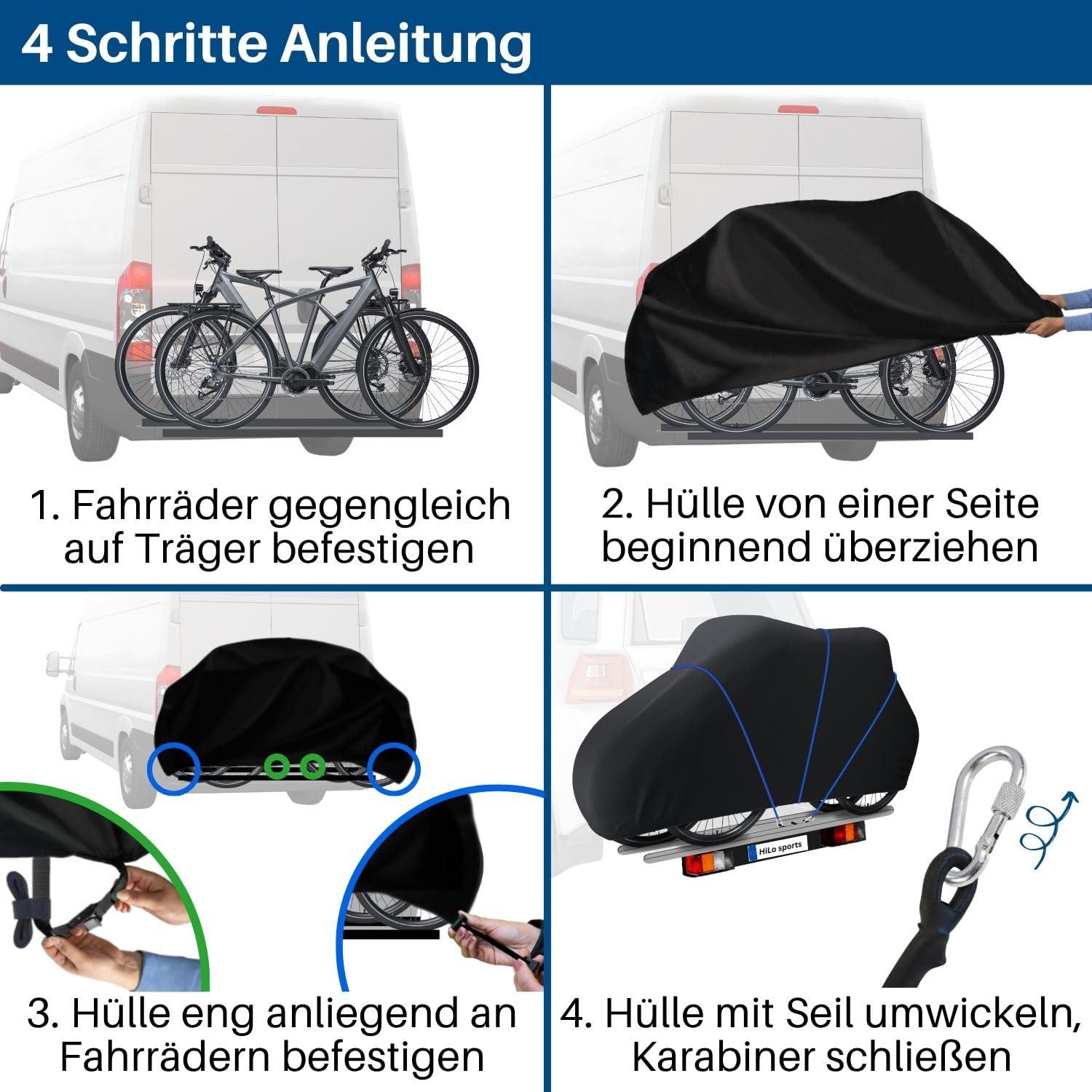 HiLo sports reißfeste Fahrradabdeckung Heckträger für 2 Fahrräder - [Mit 6m Seil] - Wasserdichter Fahrrad und E-Bike Transportschutz - Aus 600D Ripstop - Fahrradschutzhülle für Fahrradträger