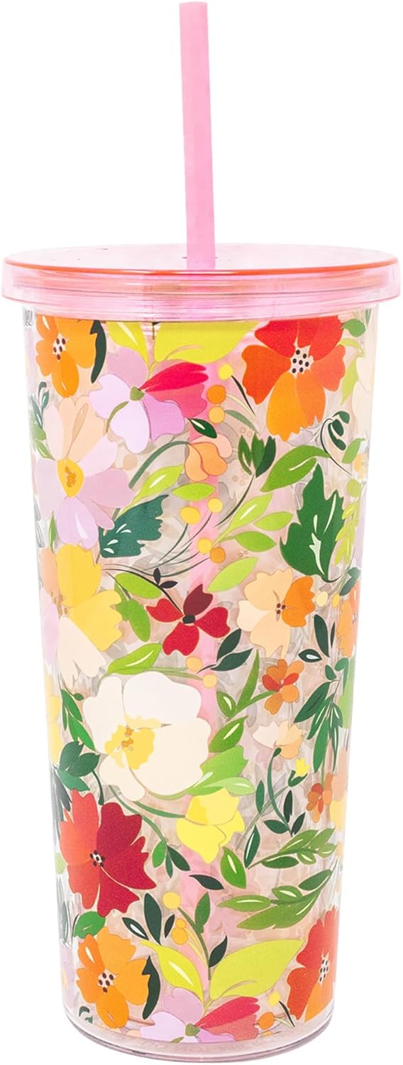Martha Stewart Double Wall Tumbler with Lid and Reusable Straw, Floral Acrylic Cup, Insulated Travel Cup Holds 24 Ounces (Joyful Blooms) - Image 2