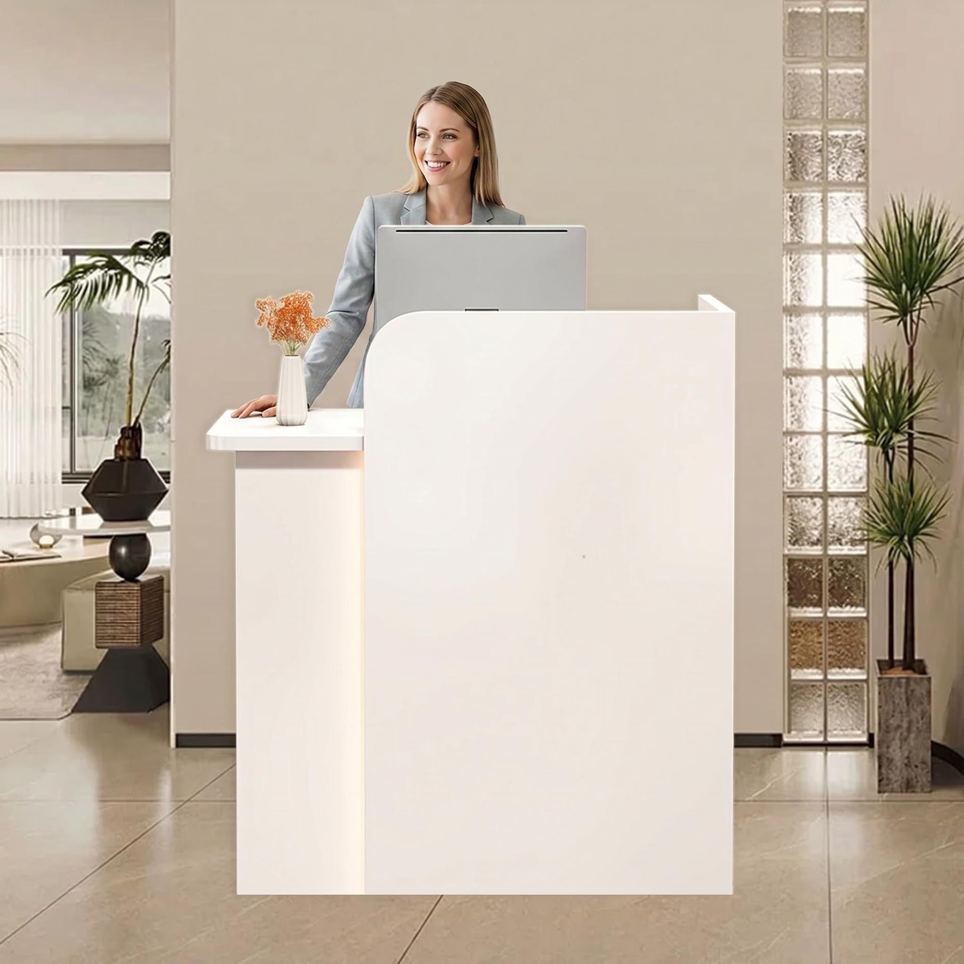 Banco Reception Piccola Moderno con LED, Bancone Reception per Negozio con Cassetti a Chiave, Bancone Cassa in Legno, per Spazi Commerciali Compatti (60X45X100CM)