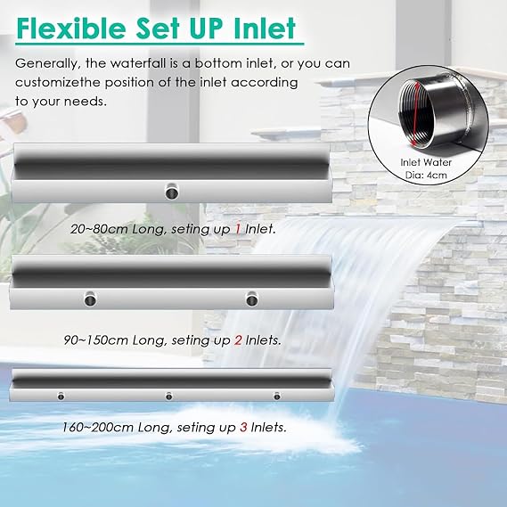 Pond Waterfall Spillway Set, 304 Stainless Steel Overflow Pool Waterfall Spillway Fountain, Wall Embedded, for Pond, Pool, Stream (Silver 50cm)