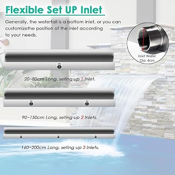 Pond Waterfall Spillway Set, 304 Stainless Steel Overflow Pool Waterfall Spillway Fountain, Wall Embedded, for Pond, Pool, Stream (Silver 50cm)