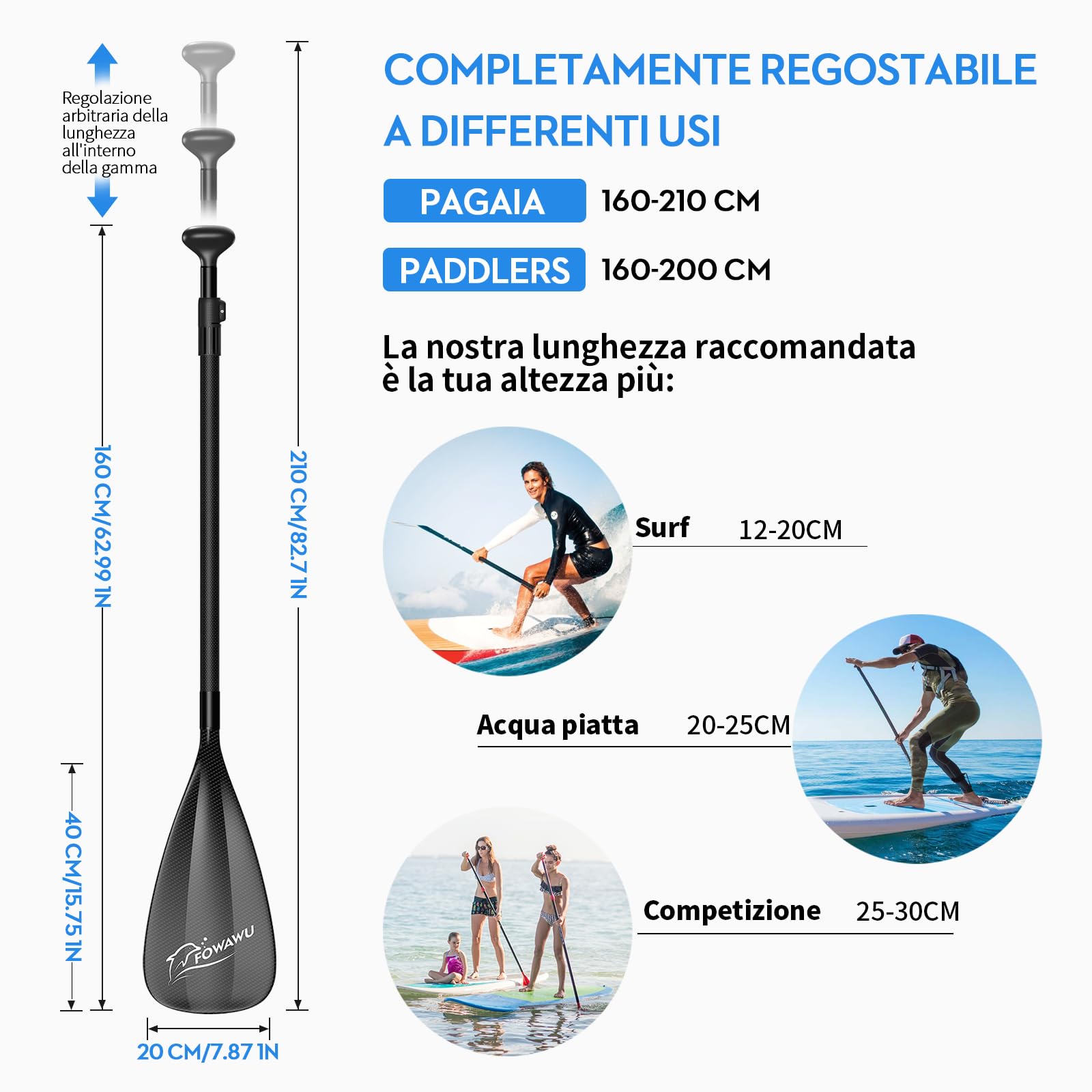 FOWAWU Pagaia SUP Alluminio, Leggero 1.77 lbs (804g) Pagaia da 3 pezzi per SUP Stand Up Paddle Board, Remo per Sup Regolabile Telescopica 160 cm – 210 cm