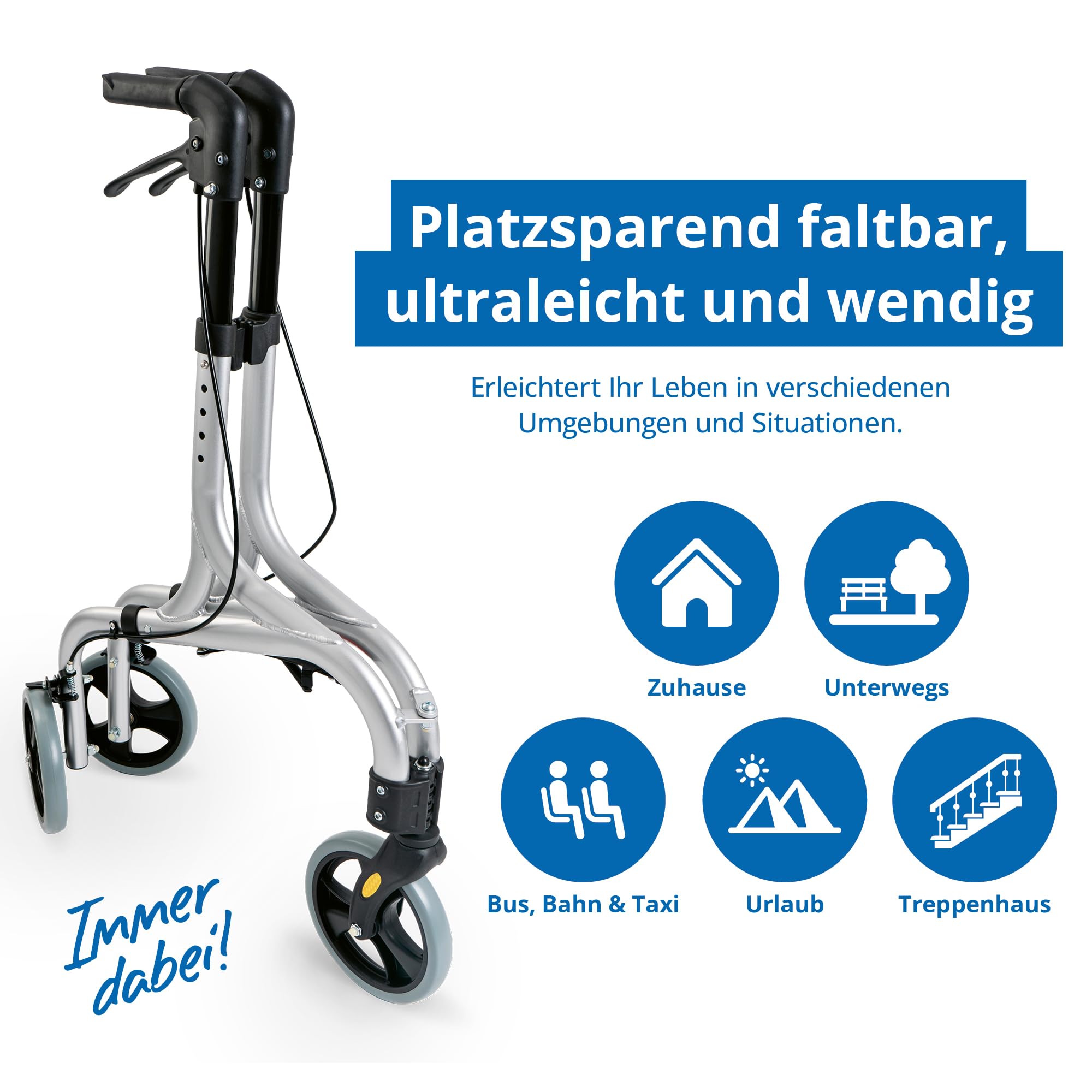Weinberger 3 Rad Rollator faltbar & leicht, 4,2 kg | 68 cm breit, Tasche | Wendiger & höhenverstellbarer Indoor & Outdoor Dreiradrollator für Senioren | Gehhilfe, Laufhilfe
