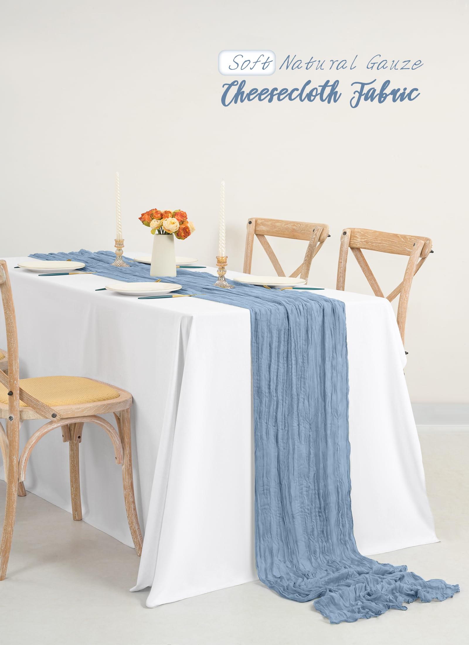 Kaasdoek Tafelloper, 90 x 400 cm Boho Gaas Tafelloper 13Ft Rustieke Romantische Lange Tafeldecoratie voor Bruiloft Bruidsfeest Decoratie (blauw