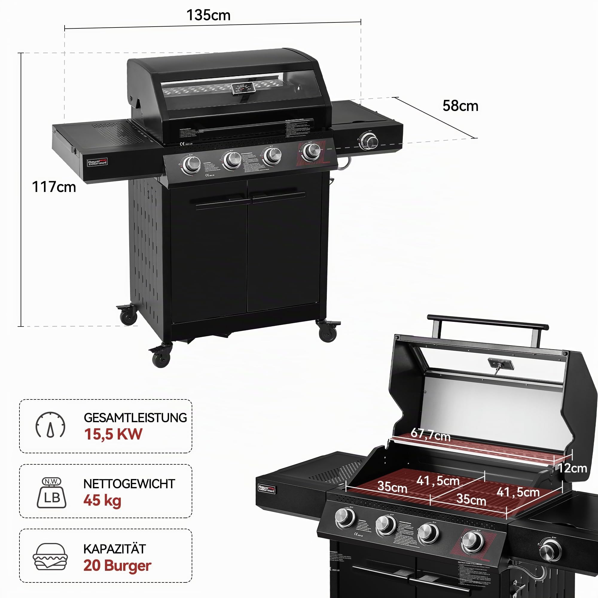 Royal Gourmet 4+1 Brenner Gasgrill Outdoor Gas Grillwagen mit Sichtfenster, Unterschrank, 15,5 kW Campinggrill mit Power-Zonen