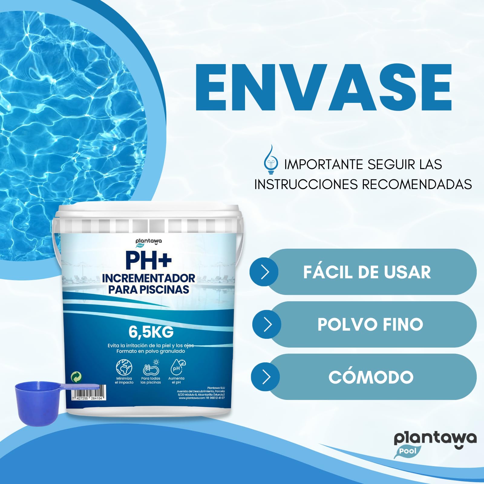 PLANTAWA Incrementador pH Piscina Plus 6,5KG | Elevador pH+ para Piscinas y Spas en Formato Polvo, Aumenta el pH del Agua, Mantenimiento Fácil, Efectivo y Duradero.