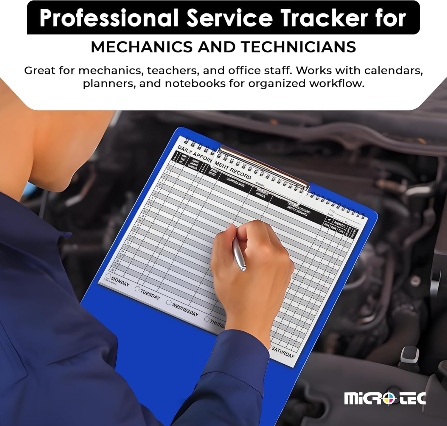 MICRO TEC Daily Appointment Record Log Books – 8.5" × 11" Spiral Bound Planner – Durable 90# Paper Notebook for Auto Repair Shops, Service Advisors & Daily Tracking - 100 Pages/Book (Book of 5)