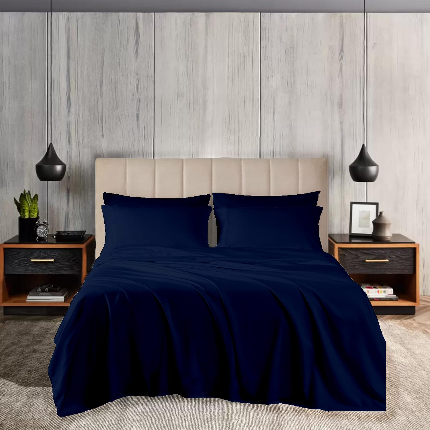 EGYLIN Emperor Sheet Set 800 Thread Count Super Soft 100% Cotton 4 Piece Emperor Bed Sheets 12" Deep Pocket Fitted Sheet, Flat Sheet & 2 Pillowcases Hotel Quality Bedding Set (Navy Blue)