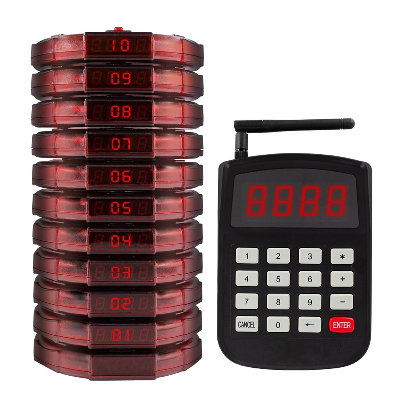 Buscapersonas distanciadores, inalámbrico de localización de posavasos for camarero de restaurante, 1 teclado, 10 pares, 1 Charr, timbre de servicio de cola de llamadas para Cocina Restaurante Church