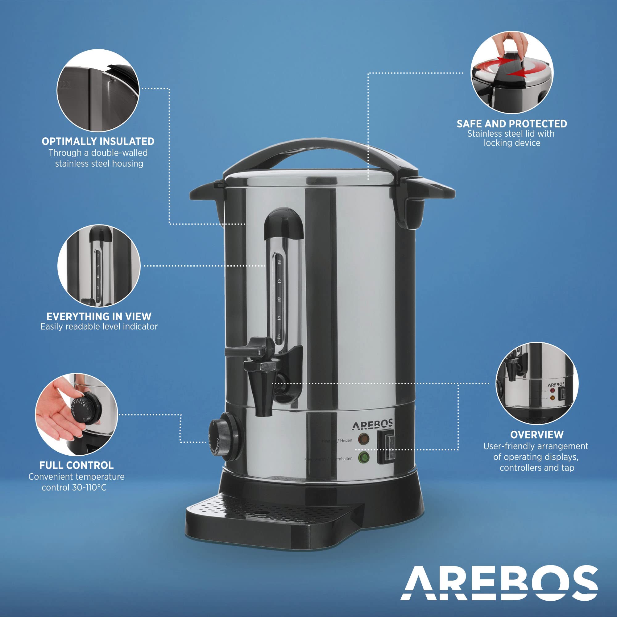 Arebos Pentola Bollitore 6,8 L 950 W | Dispenser Acqua Calda Vin Brulè Caffè Tè | Distributore Elettrico Bevande Calde con Rubinetto | Temperatura Regolabile 30-110 °C