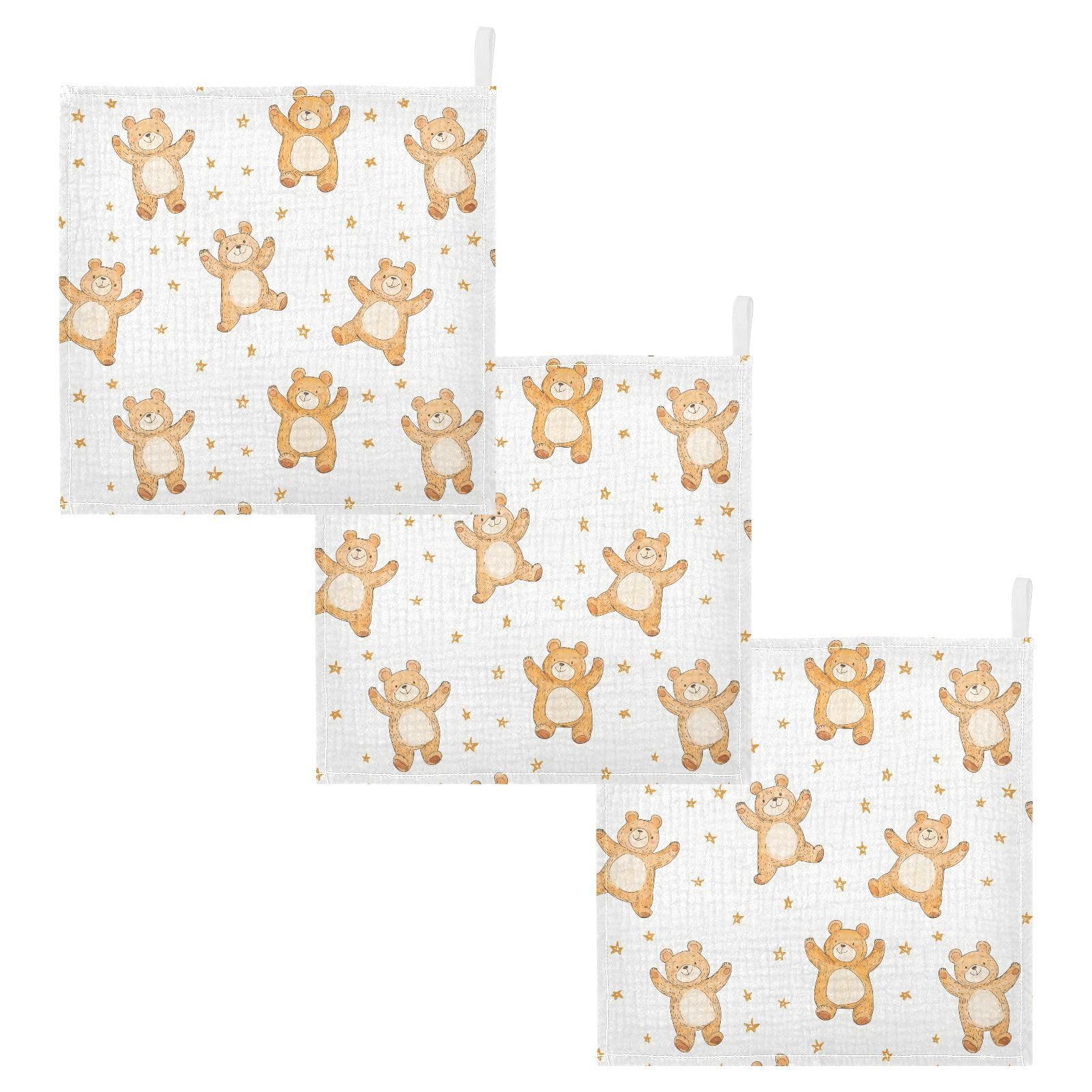 vvfelixl Baby Muslin Washcloths Cute Yellow Dancing Bear Baby Burp Cloths Cotton Babys Face Towel for Newborn Infants Boys Girls Soft and Absorbent 11.8 X 11.8 in, 3 Pack