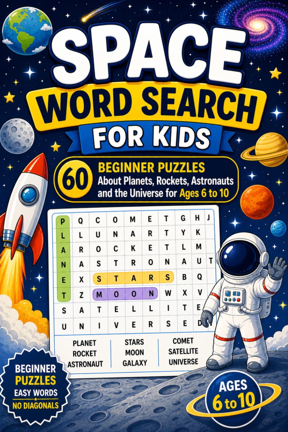 Space Word Search for Kids: 60 Beginner Puzzles About Planets, Rockets, Astronauts and the Universe for Ages 6 to 10
