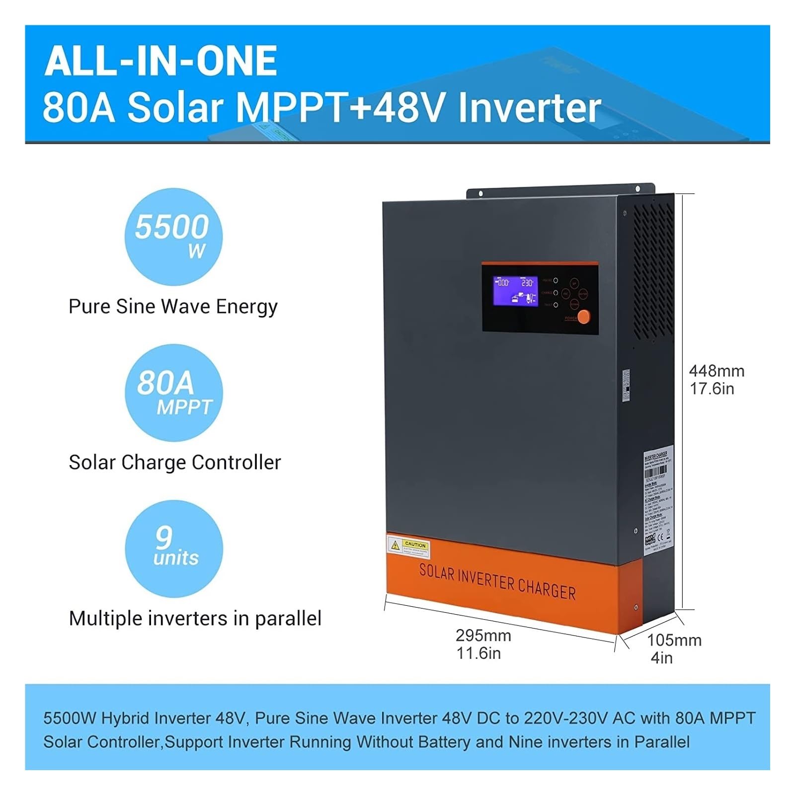 5.5KVA .5KW Hybrydowy Falownik Solarny MPPT 80A 500VDC Wejście PV 48V Z Funkcją Równoległą 5500W 3-fazowy Inwerter Słoneczny OszczęDność KosztóW
