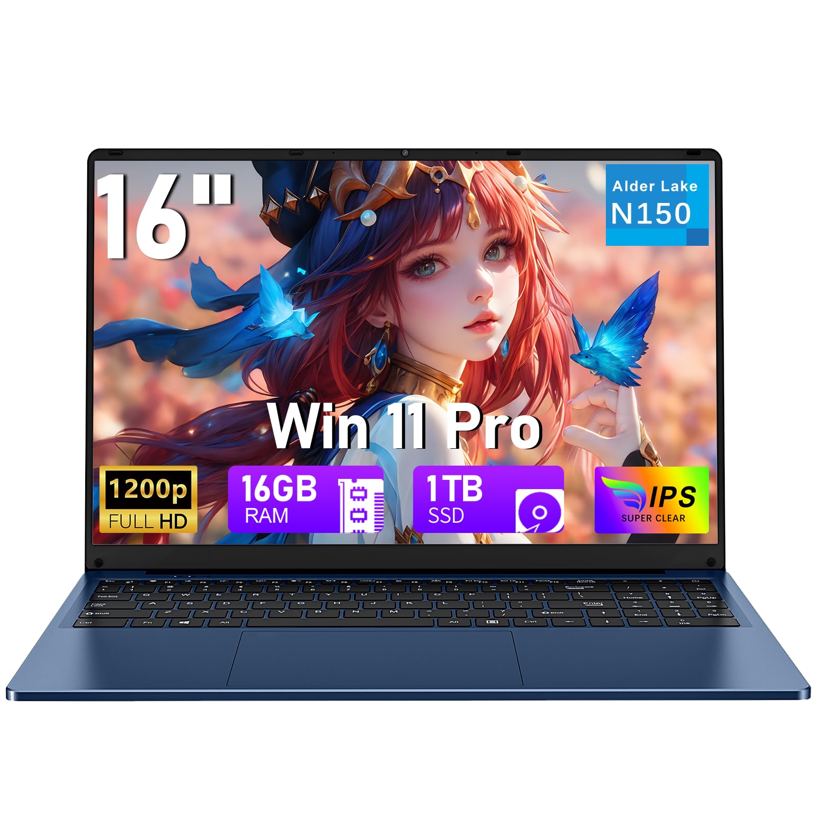 Gaming Laptop Computer, 16 Inch Lap Top 2025 Window 11 Pro 16GB RAM 1TB SSD, N150 (Up to 3.6GHz), Backlit Keyboard, FHD 1920 * 1200 Screen, Office 365, 6000mAh, WiFi 5 BT 4.2, UHD Graphics