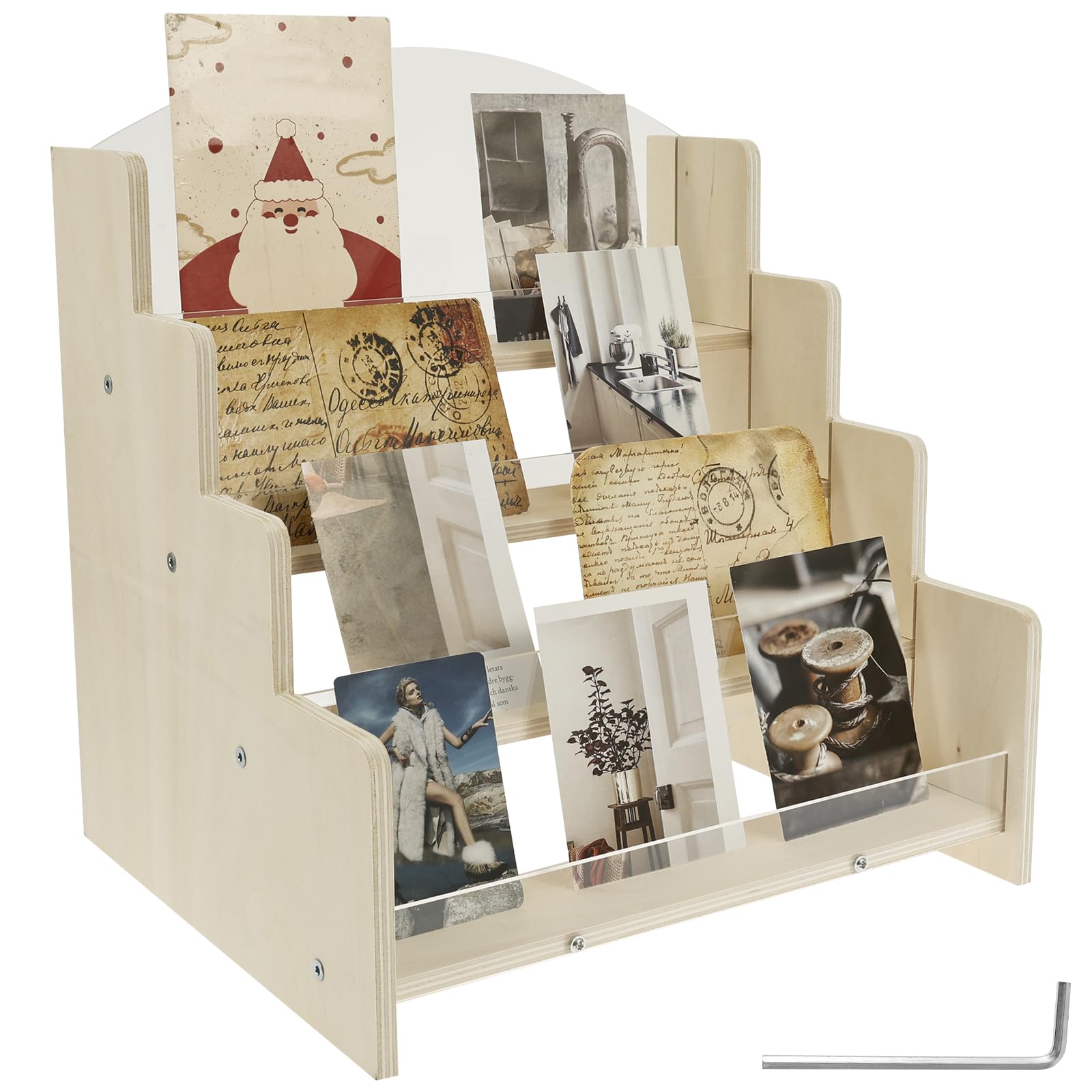 BOBASH Wooden Greeting Card Display Stand, 30.5x26x33.5cm 4 Tier Tiered Postcard Rack, Small Tabletop Retail Counter Sticker Holder Organizer with Screws and Allen Key for Craft Fairs Office