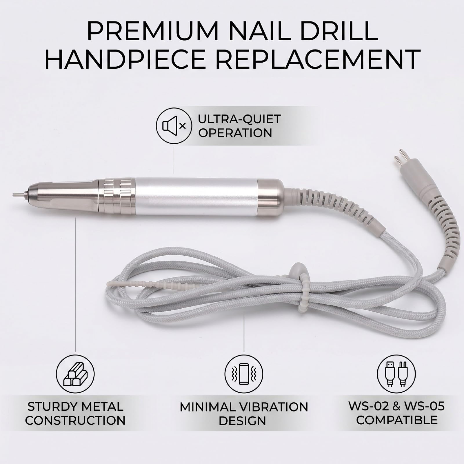 Pongnas Elektrischer Nagelfeilengriff, 133 X 20 Mm, Metall-Nagelbohrhandstück, Passend für WS-02, WS-05, mit Minimaler Vibration Zum Formen, Polieren, Nagelhautarbeiten