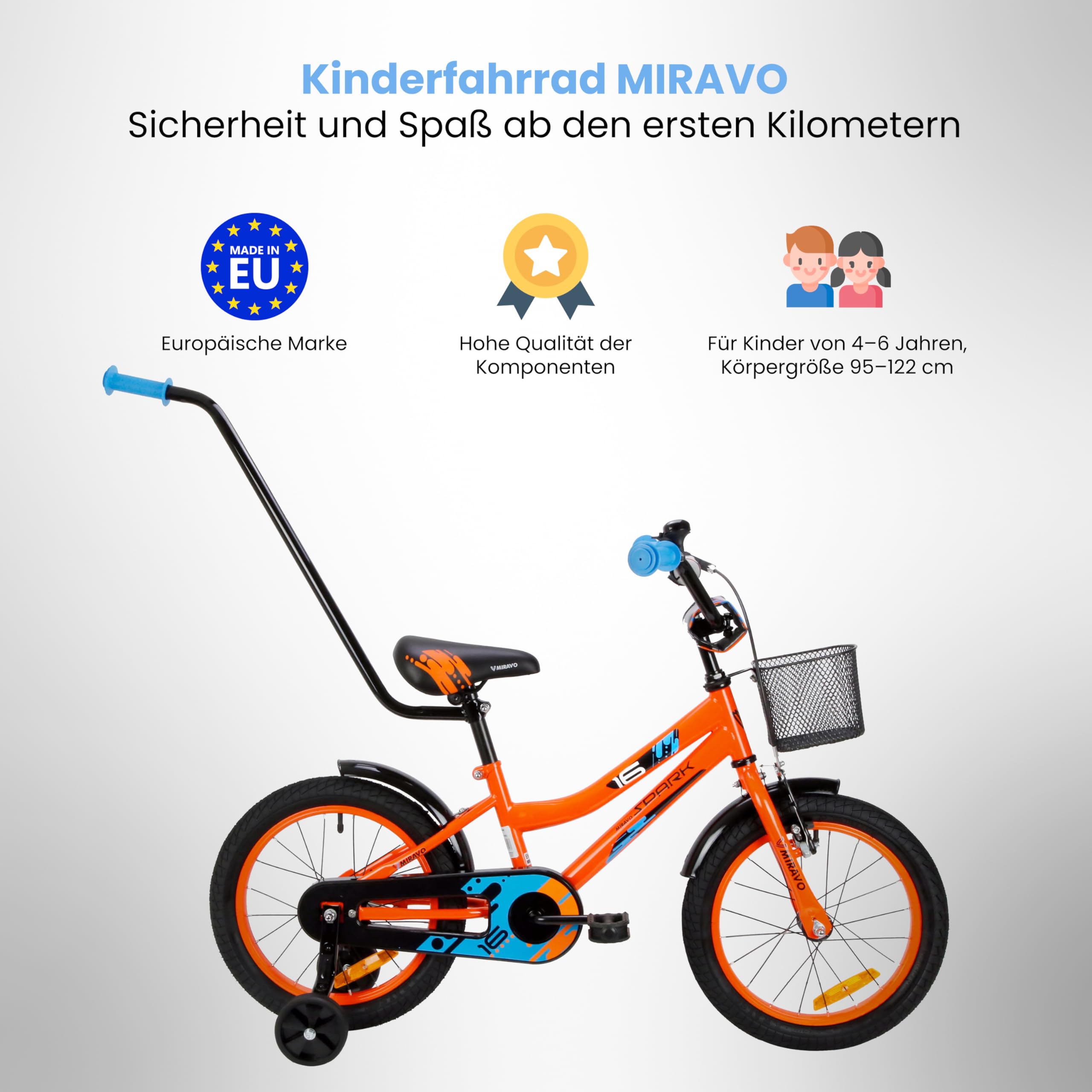 Kinderfahrrad Fahrrad Kinder Ab 2 Bis 8 Jahre Mit Schubstange V-Brake Bremsen Rückstrahl Aufkleber 12 14 16 20 Zoll Radgröße Korb Für Junge Spark