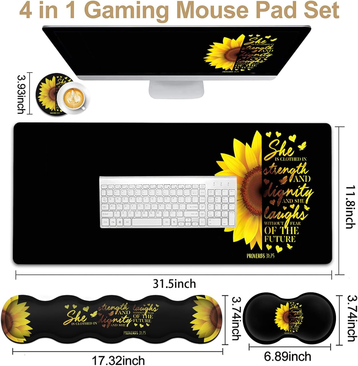 Gaming Black Mouse Pad + Keyboard Wrist Rest XL Large Mouse Mat Sunflower Christian Verse Proverbs 31-25 Extended Desk Pad Non-Slip Rubber Mice Pads Stitched Edges Pad (31.5x11.8 in)