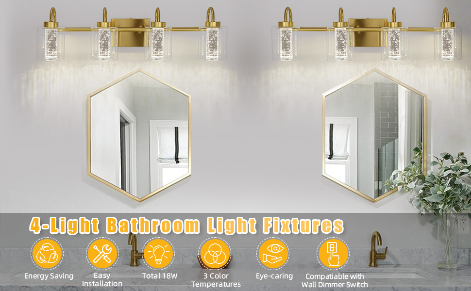Image of Litake Bathroom Light Fixtures, 3 Light Brushed Nickel Bathroom Vanity Light Over Mirror with Crystal Bubble and Clear Glass Dimmable 3 Color Temperatures for Hallway Kitchen Bedroom Living Room