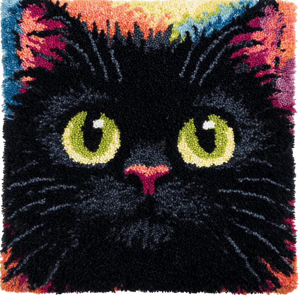 ORLUMY Latch Hook Kits Pillow Black Cat DIY Pre-Printed Craft Latch Hook Rug Kits Cross-Stitch Embroidery Pillow Cover Kit for Gifts Home Sofa Decoration 43X43Cm