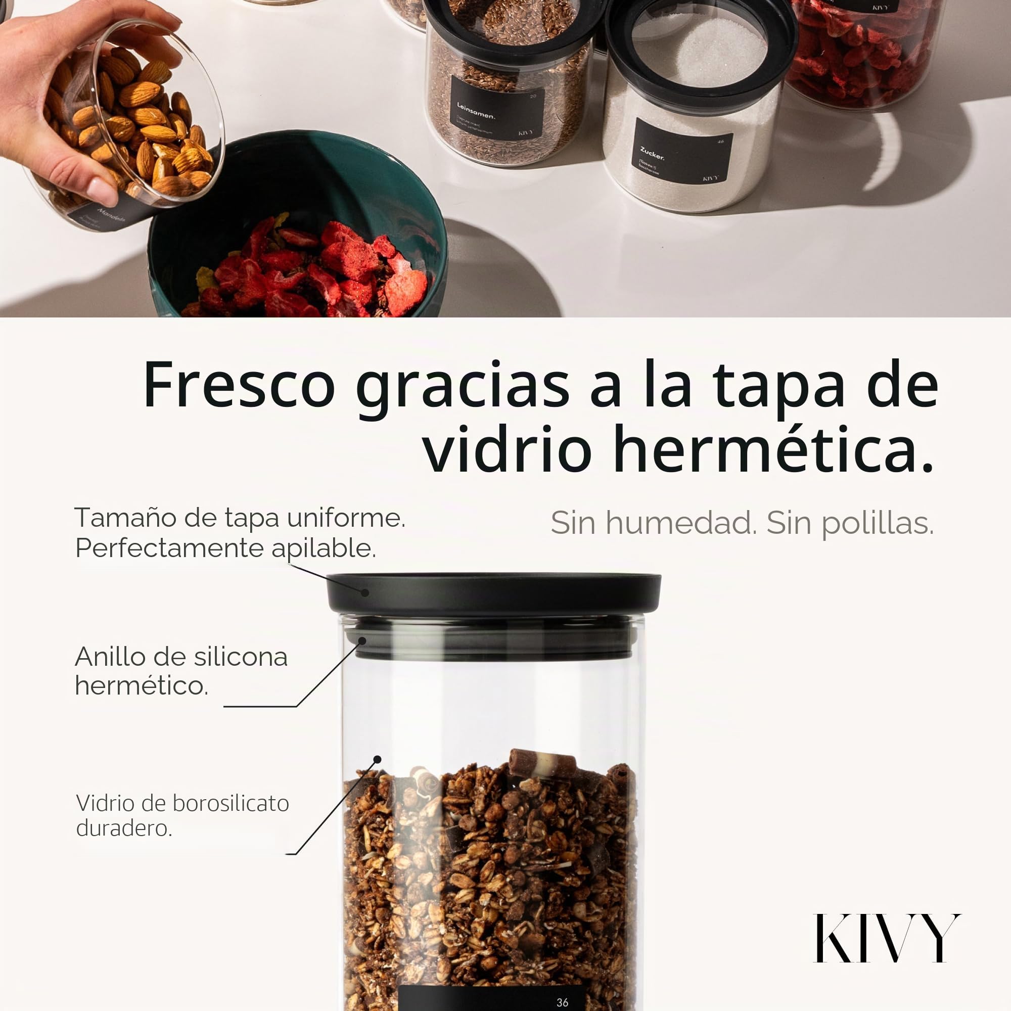 KIVY Tarros de almacenamiento de vidrio con tapa de vidrio transparente (4 * 17 onzas) - Diseño apilable - Apto para lavavajillas
