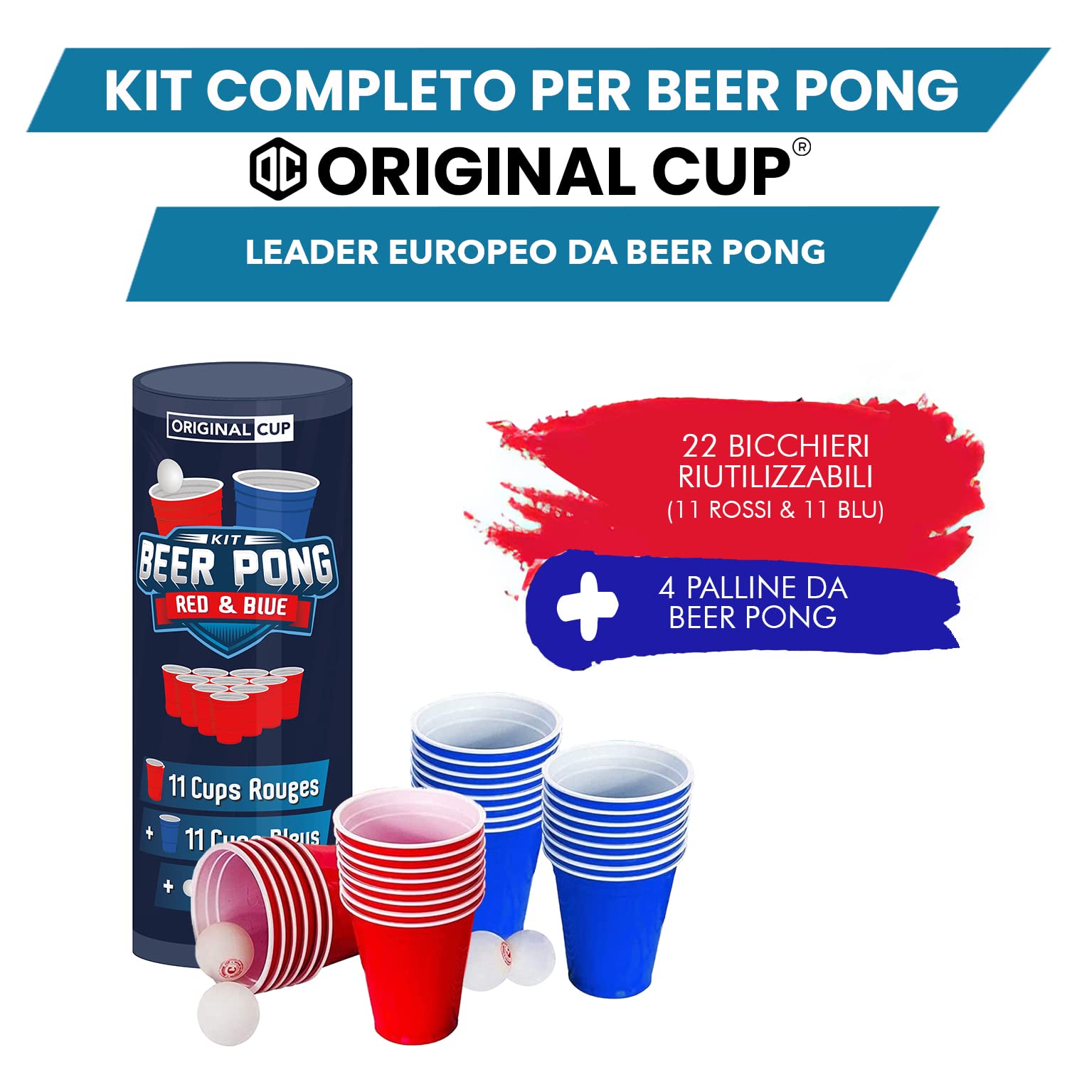 OriginalCup® Kit Ufficiale Beer Pong Originale | Set Bicchieri di plastica riutilizzabili + 4 Palline | 22 Tazze (11 Rosse e 11 Blu)
