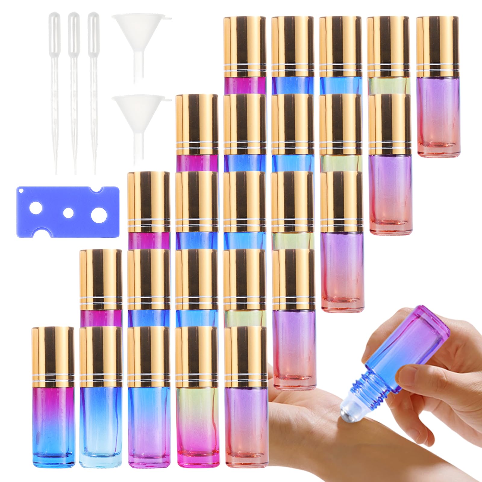Roll On Lot de 25 bouteilles en verre multicolore de 5 ml pour huile essentielle avec boules et accessoires en acier inoxydable