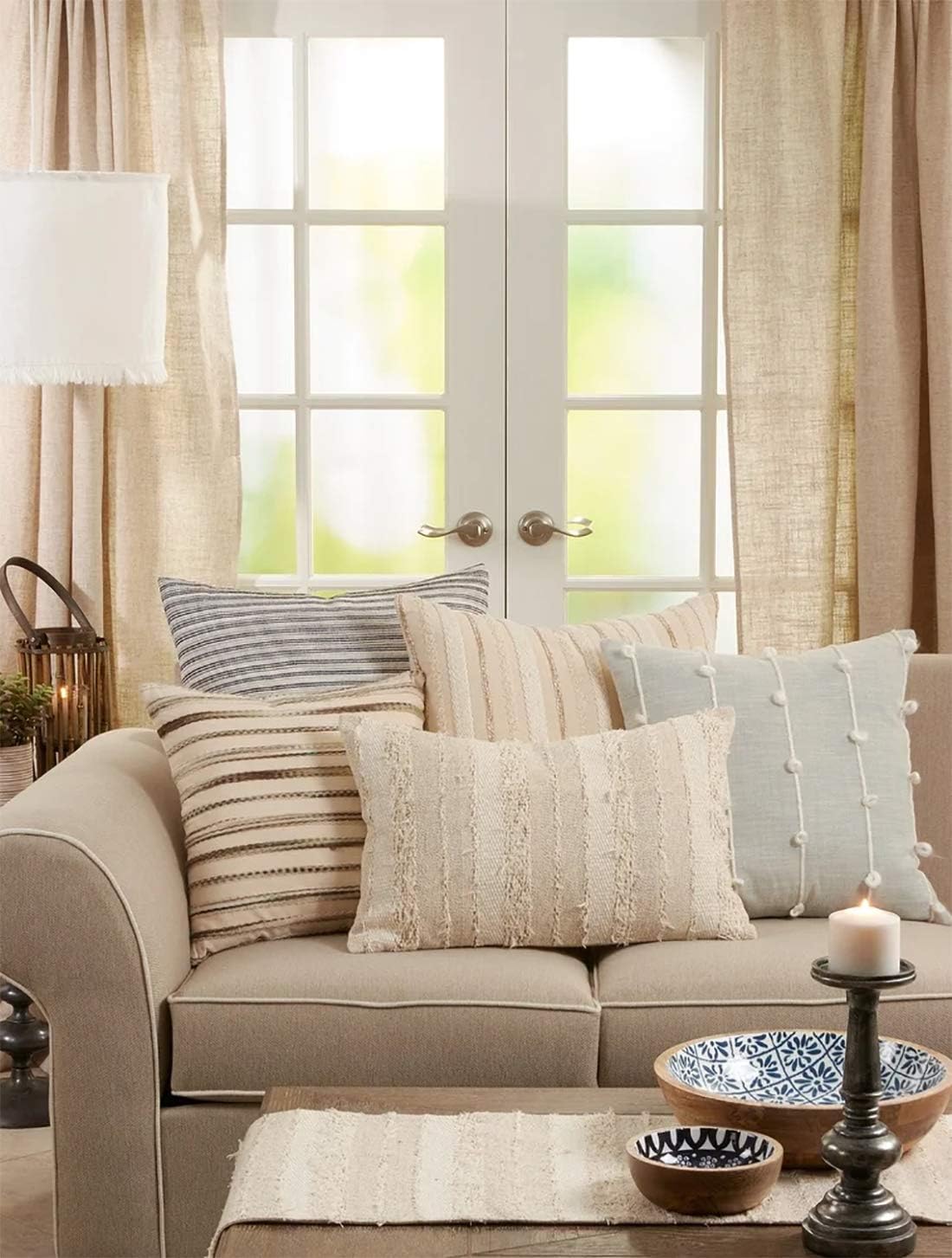 Fennco Styles Fringe Striped Design Cotton Decorative Throw Pillow Cover 16" W x 24" L – Ivory Cushion Case for Home, Couch, Bedroom, Living Room and Office Décor