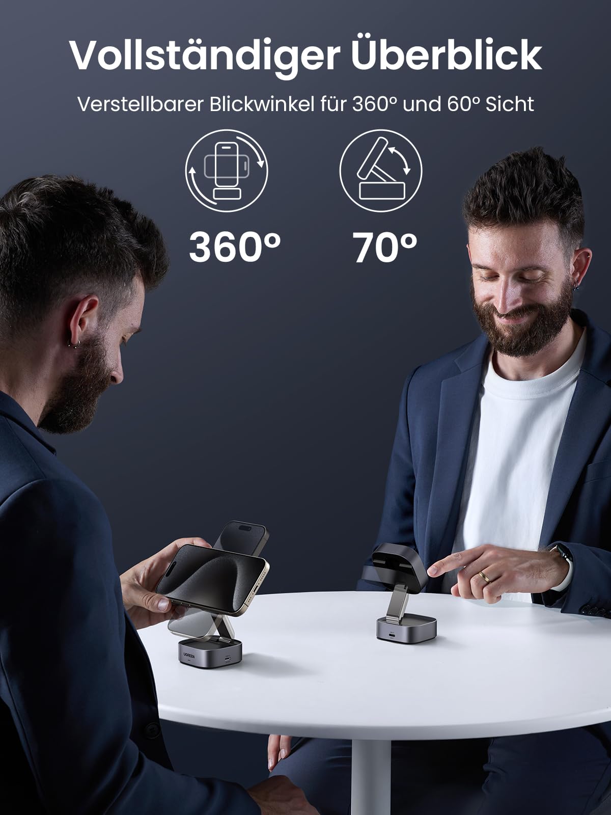 UGREEN MagFlow Qi2 15W 2-in-1 iPhone Faltbare Ladestation mit Magsafe | Wireless Charger, mit 1m Kabel, kompatibel mit iPhone 17/16/15/14/13/12, Airpods, Winkel-Einstellbarer Ladeständer