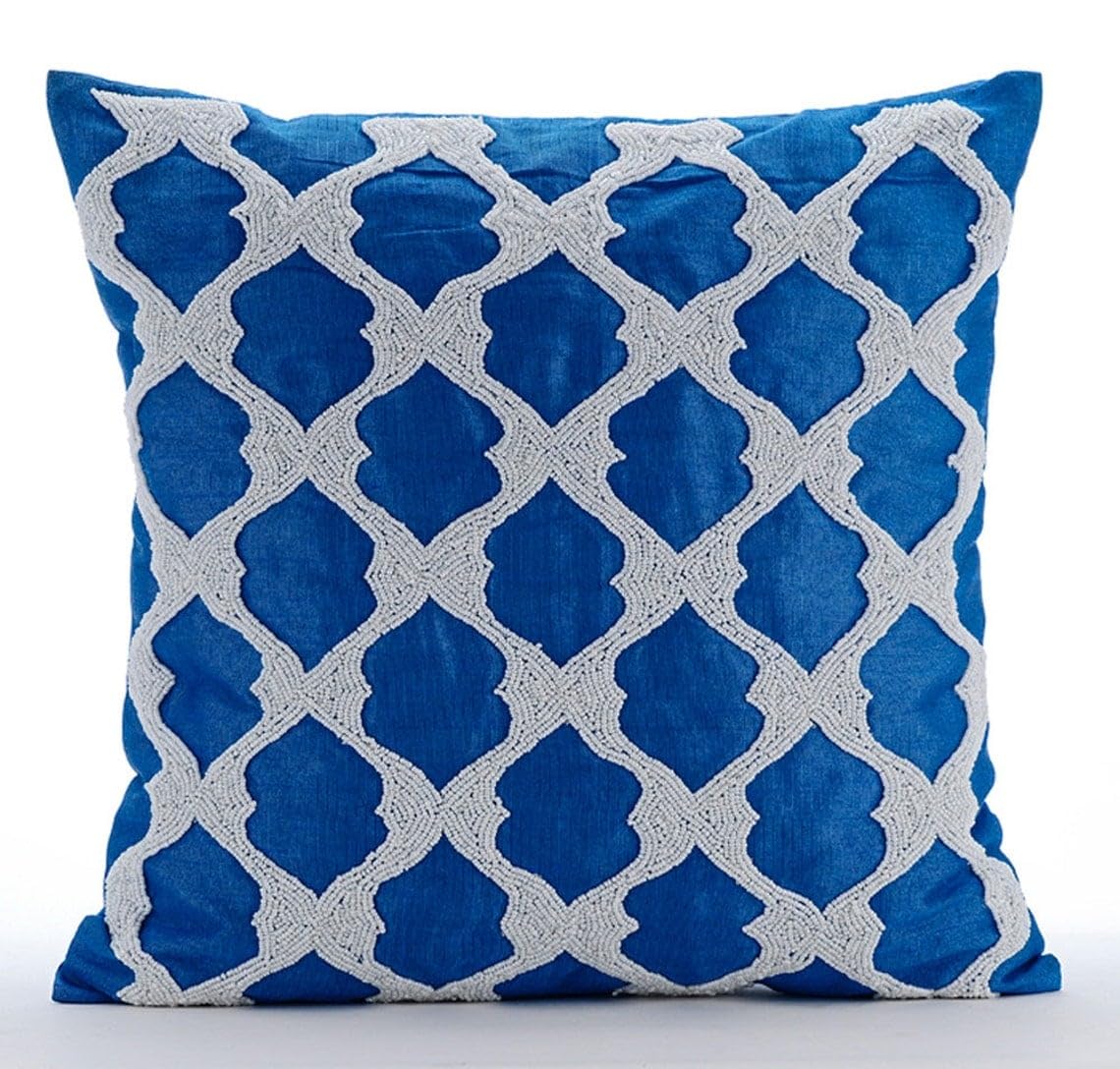 The HomeCentric Royal Blue Euro Cushion Shams, 65x65 cm (26x26 inch) Euro Sham, Beaded Lattice Trellis Pattern Arabic Theme Euro Shams, Silk Euro Cushion Shams, Geometric Art Deco - Blue Lagoon โ image 1