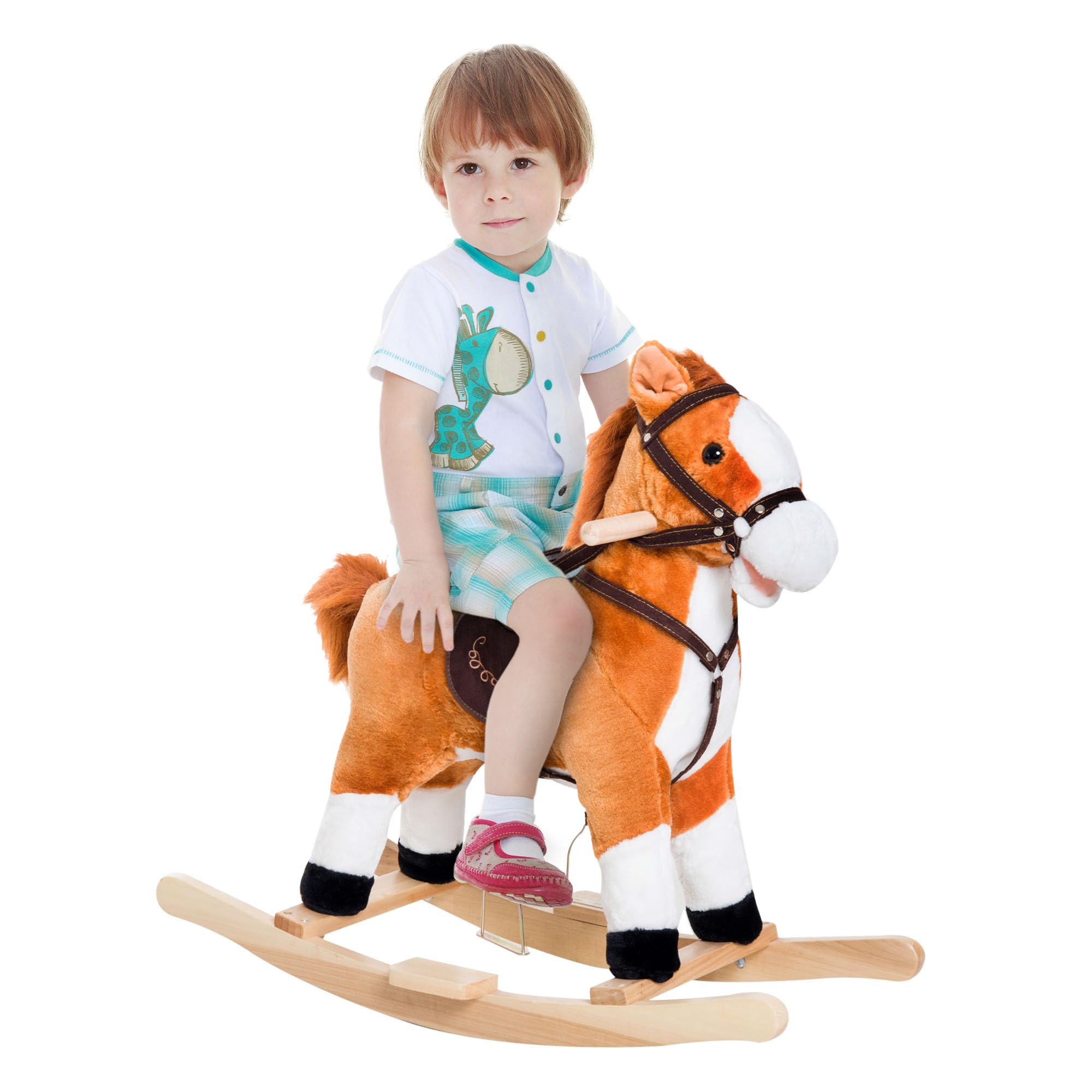 Qaba Kids Rocking Horse Child Plush Ride on Toy with Realistic Sound Red Brown