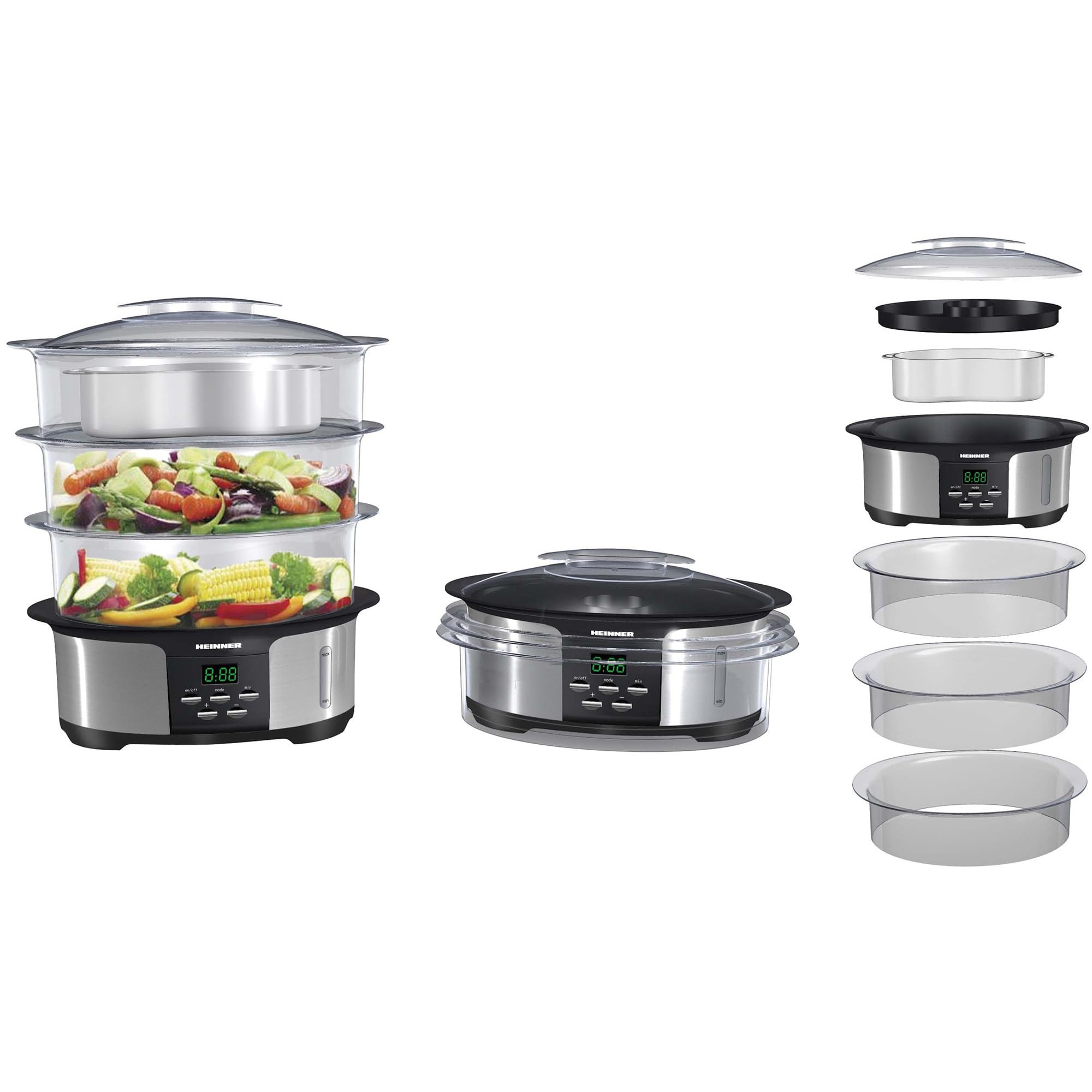 ONE STEAM Dampfgarer 12 L – 3 Etagen, 5 Garprogramme & Startvorwahl bis 12 Std für komplette Mahlzeiten auf Knopfdruck (1000 W, Edelstahl-Gehäuse)