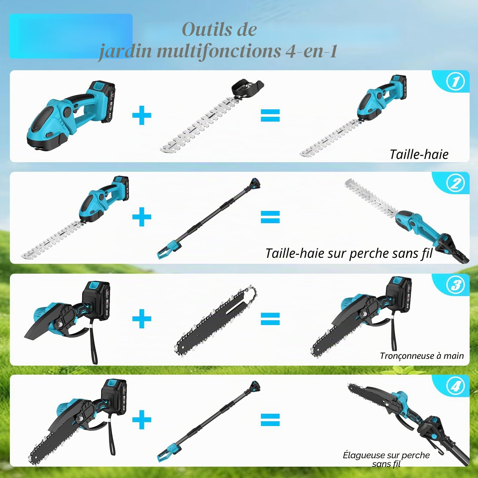 Taille Haie et Tronçonneuse Télescopique Électrique 4 en 1, 6" sans Fil avec Perche, 2 Batteries 4,0 mAh, Angle Réglable
