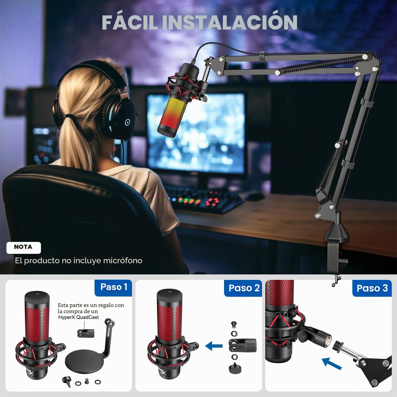 Soporte de Micrófono,Aokeo AK-35 Brazo de Micrófono ajustable negro Profesional para Micrófono de HyperX QuadCast,Blue Yeti,Blue Snowball,Etc
