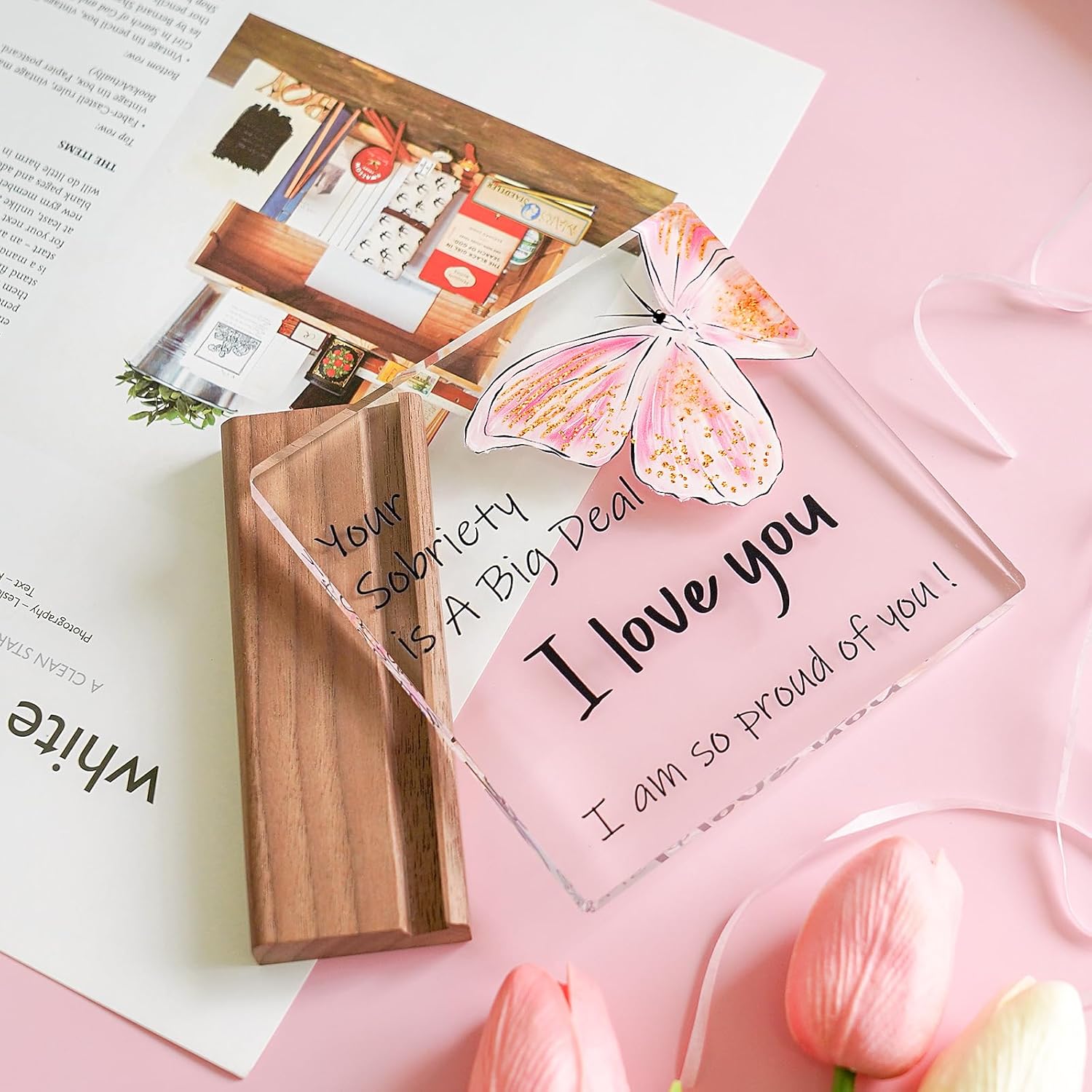 Sobriety Gifts for Women Men,1 Year Sober Gifts One Year Best Sobriety Gifts Recovery Gifts Your Sobriety is a Big Deal I am Proud of You Gifts Plaque Sign Desk Decor with Wooden Stand Size 4.7''*4.7'' - Image 6