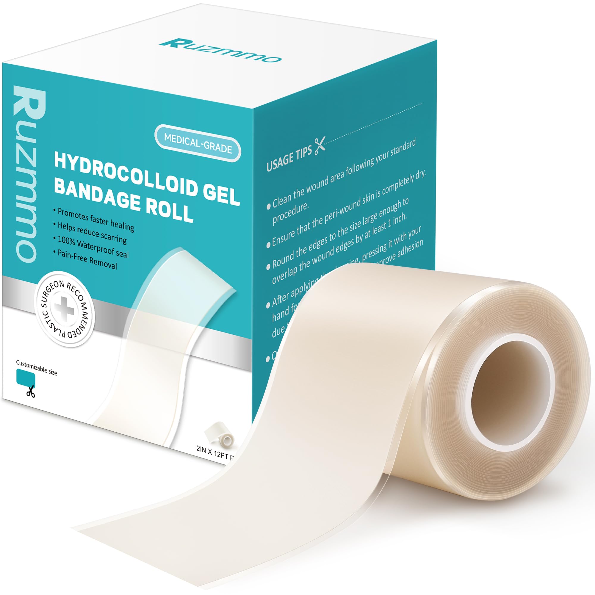 Hydrocolloid Bandages for Wound Care - Extra Large Medical Grade Hydrocolloid Roll, Flexible, Ultra-Thin, Waterproof Wound Dressing, Cut to Size Home First Aid Kit Essential (2in*12ft)