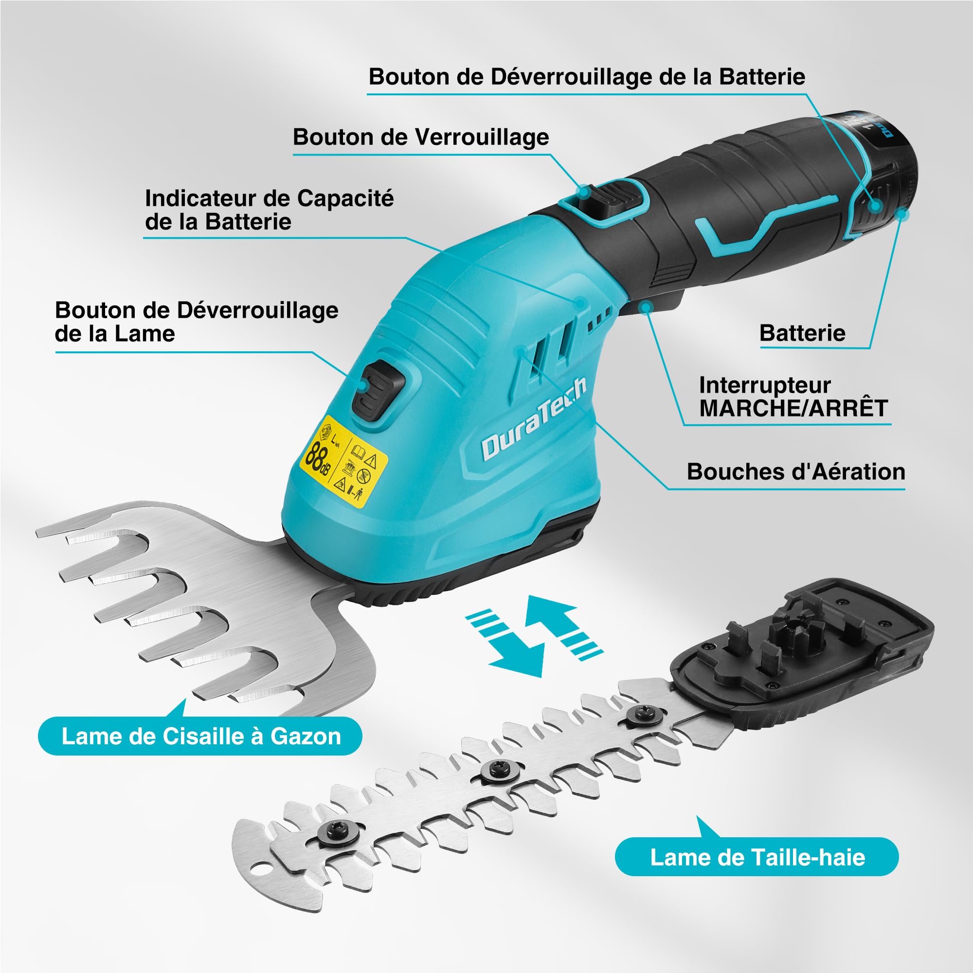 DURATECH Cisaille Sculpte-Haie Électrique et Taille-Herbes Téléscopique sans Fil 12V, Cisaille à Gazon 2 en 1, Largeur/Longueur de Coupe 12/16 cm, Batterie 2000mAh, pour Coupe, Élagage, Bleu & Noir