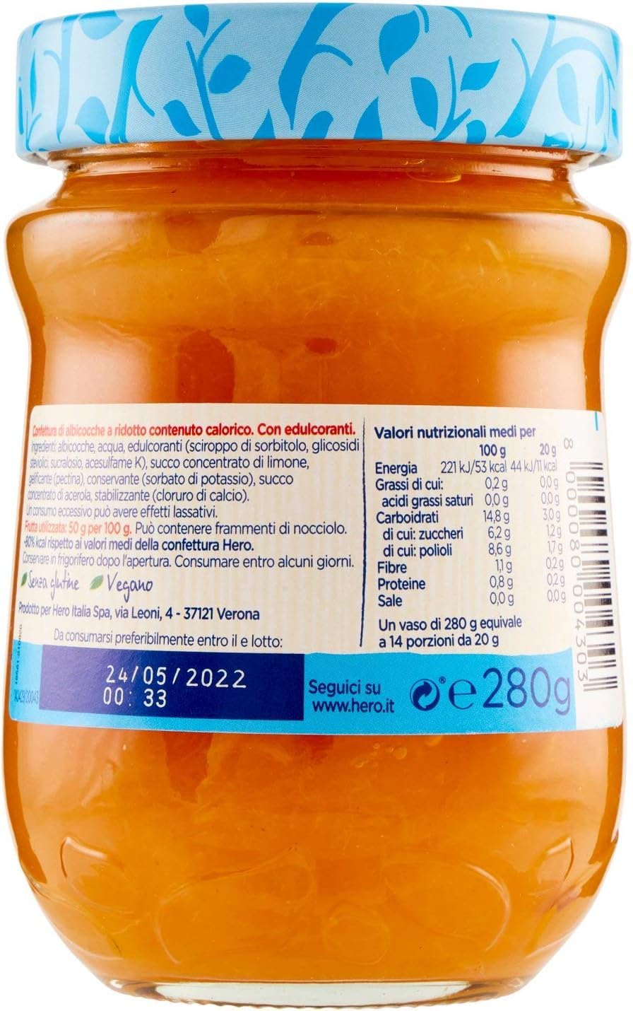 Hero Light Konfitüre Leichte Brotaufstriche Testpaket, Extra-Marmelade und Konfitüre mit hochwertigen Früchten, ohne Zuckerzusatz und sehr wenig Kalorien 7x 280 g + Italian Gourmet polpa 400g