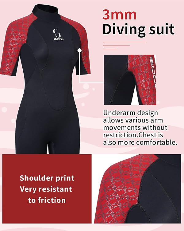 Womens 3mm Shorty Wetsuit Mens Full Body Diving Suit Back Zip Dive Skin for Diving Canoe Spearfishing Surfing Snorkeling Swimming Suits(Red XL) by ZCCO - Image 4