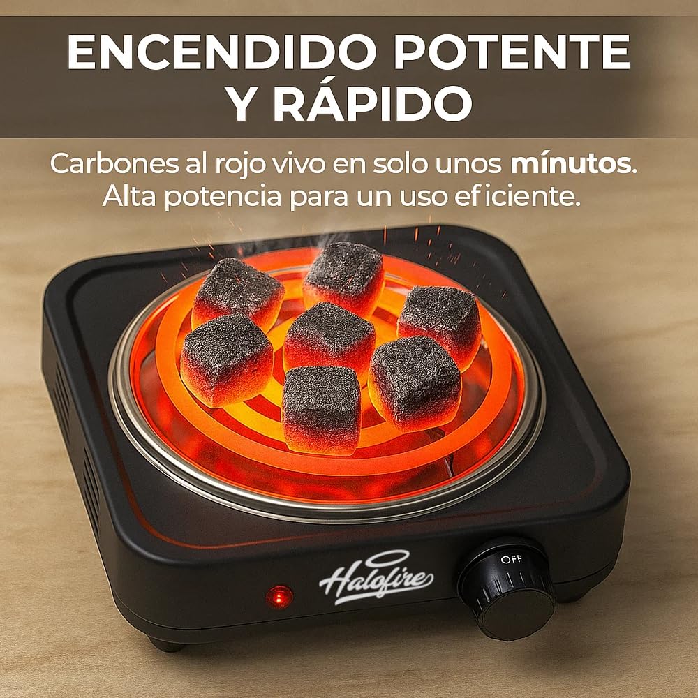 Halofire - Hornillo eléctrico 1000W para cachimba, Encendedor de alta potencia para carbón natural de shisha, Placa de fuego de cocina compatible para alimentos, camping fácil transporte. (Negro)