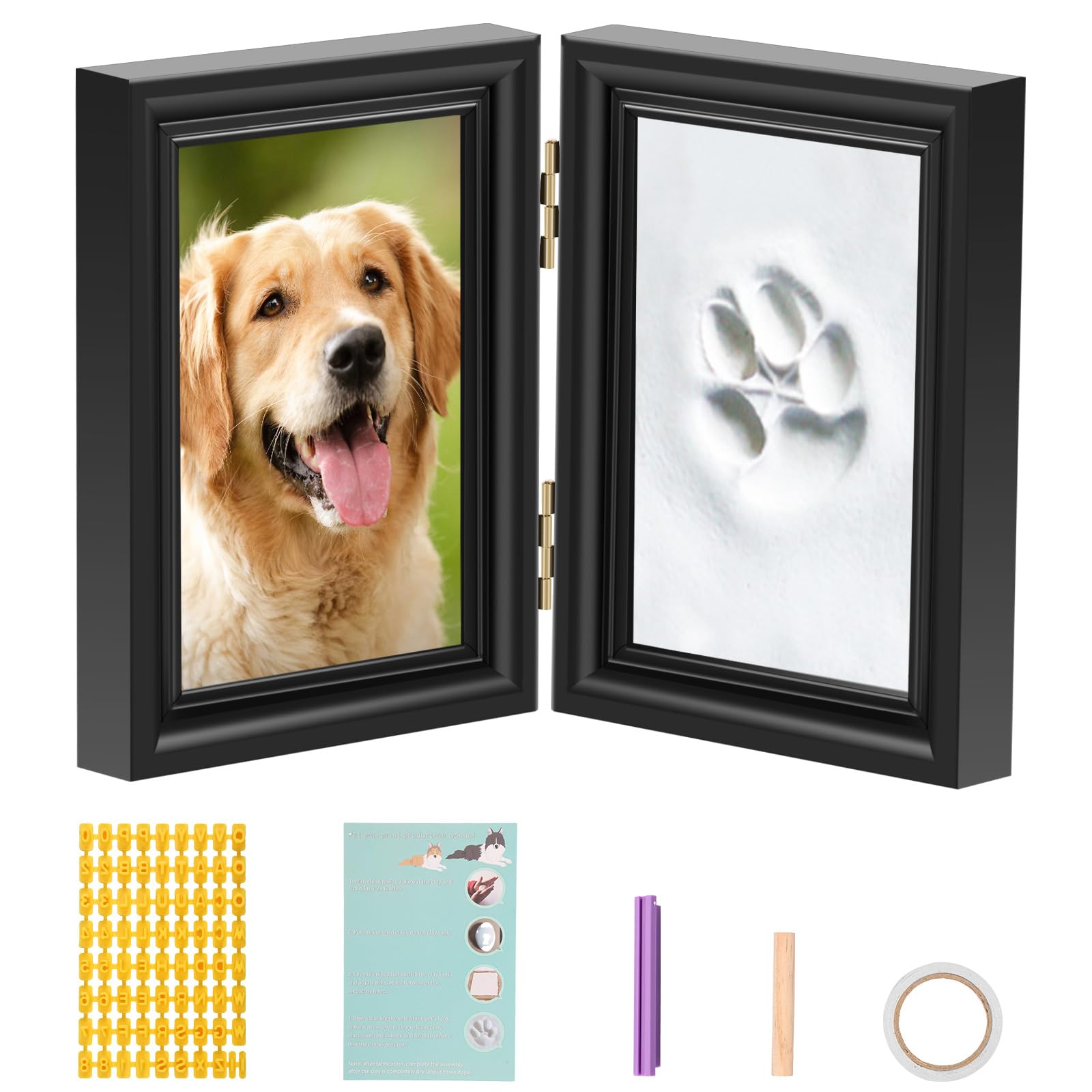 Shaojian Dog Paw Print Kit with Photo Frame, Holds 5x7inch Picture, Personalized Pet Paw Print Kit with Imprint Clay, Practical Dog and Cats Memorial Gifts Keepsake for Pet Lovers (Black)