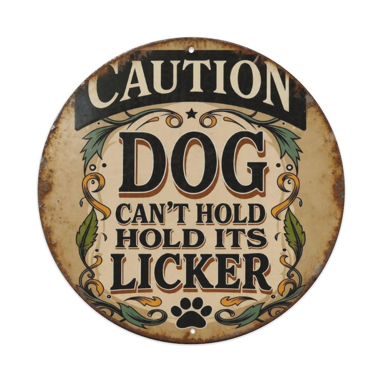 Vintage Funny Caution Dog Round Metal Tin Sign Vintage Aluminium Metal Sign, Retro Wall Decor for Home, Bar, Garage & Farmhouse 20x20cm