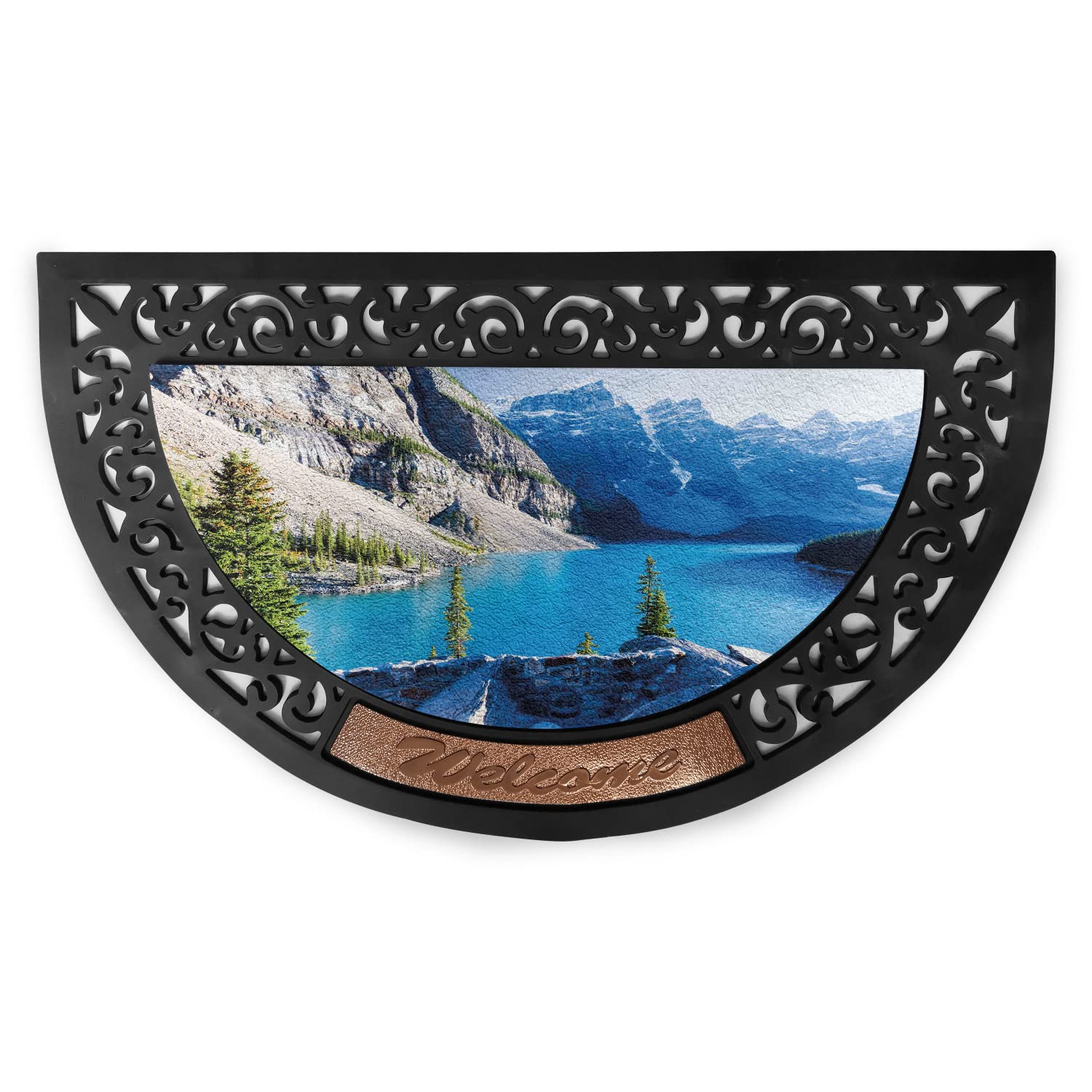 Lunarable Nature Doormat, Moraine Lake Banff National Park Canada Mountains Pines Valley of The 10 Peaks, Semi Circle Entryway Welcome Mat for Front & Backard 2 Pieces, 19.6" x 31.4", Blue Green Grey